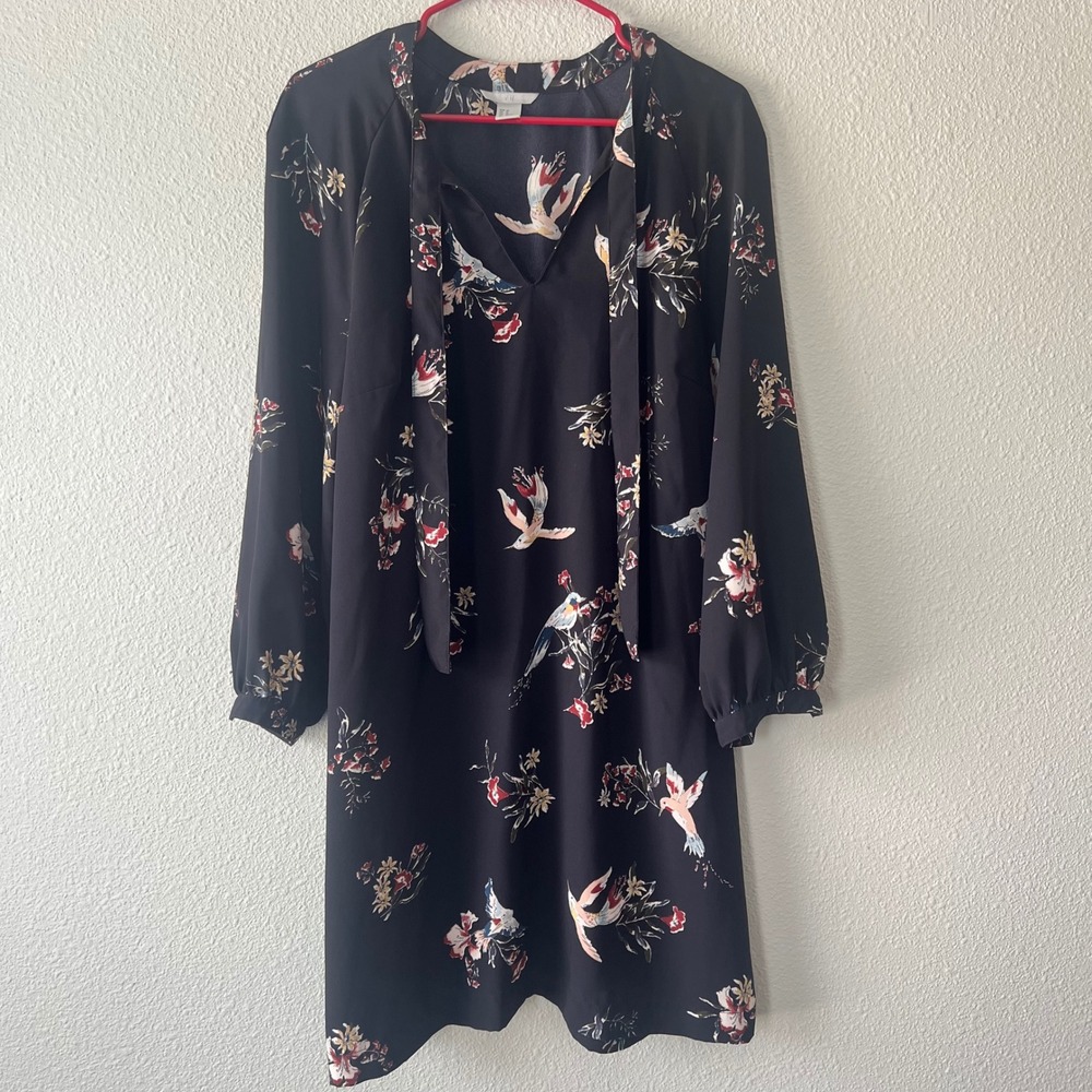 H&M Tie Neck Shift Dress Floral Bird Print Black Womens Size 12